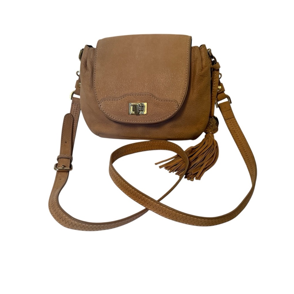 VINCE CAMUTO BAG CROSSBODY TAN LEATHER SHIMMER GOLD TONE HARDWARE FLAP CLOSE